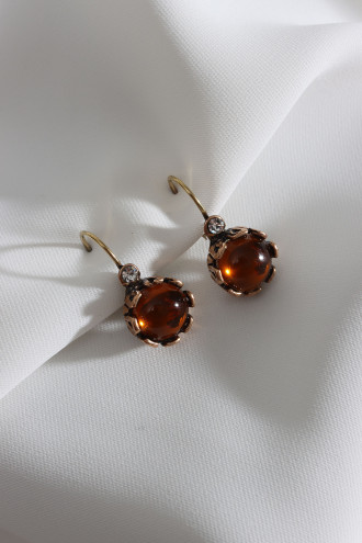 Yuvarlak Turuncu Saydam Taşlı Otantik Küpe