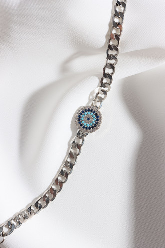 Zircon Taşlı Nazarlı Gümüş Renk Zincir Bileklik