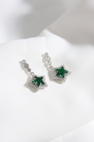 Yeşil Taşlı Sallantılı Gümüş Renk Yıldız Küpe