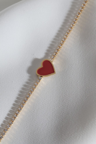 Kırmızı Mineli Kalp Figür Su Yolu Gold Renk Bileklik