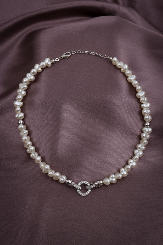 Taşlı Halka Uçlu Gümüş Renk Inci Kolye