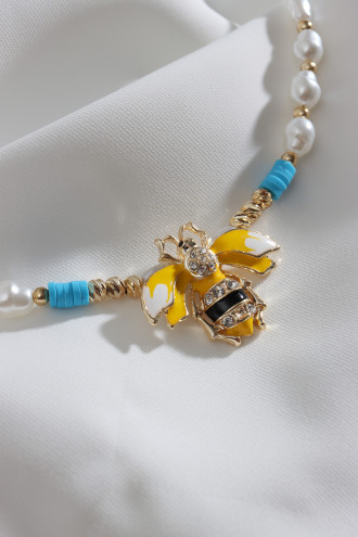 Arı Fügür Mavi Fimo Detaylı İnci Kolye