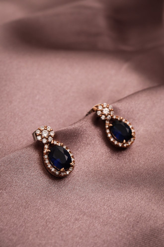 Lacivert Taşlı Küçük Boy Rose Abiye Küpe