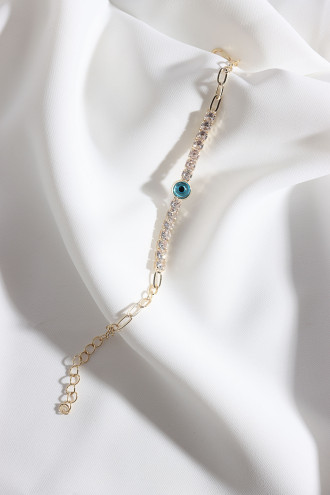 Kare Zircon Taşlı Nazar Boncuklu Gold Renk Zincir Bileklik