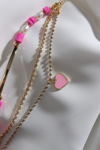 3'Lü Fuşya Pembe Fimo Boncuklu Şerit Kalp Bileklik