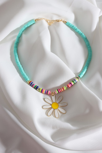 Yeşil Fimo Boncuklu Beyaz Mineli Papatya Kolye