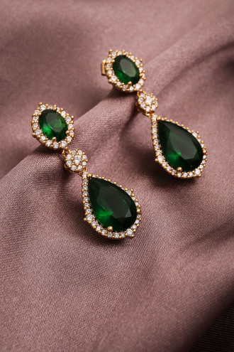 Yeşil Zircon Taşlı Sallantılı Abiye Küpe