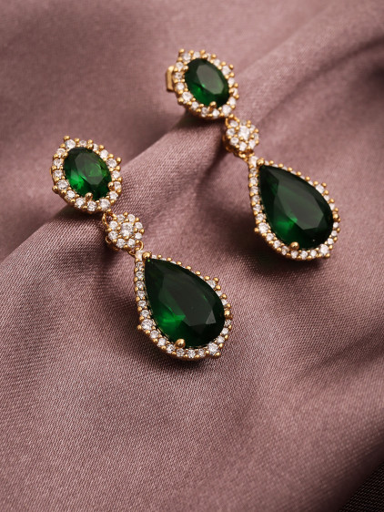 Yeşil Zircon Taşlı Sallantılı Abiye Küpe