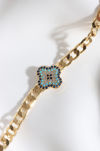 Zircon Taşlı Gold Renk Nazarlı Yonca Zincir Bileklik