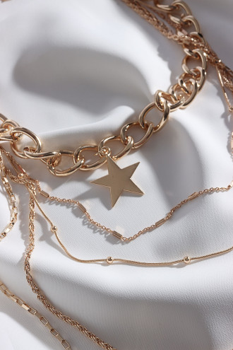 Yıldız Uçlu 5 Zincirli Uzun Gold Renk Kolye