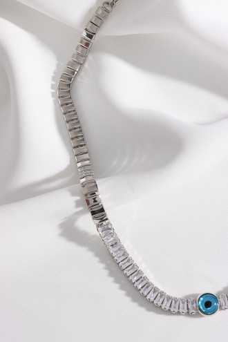 Baget Zircon Taşlı Nazar Boncuklu Gümüş Renk Kolye
