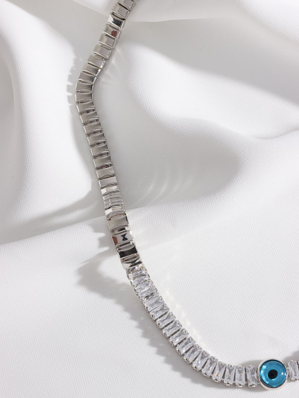 Baget Zircon Taşlı Nazar Boncuklu Gümüş Renk Kolye