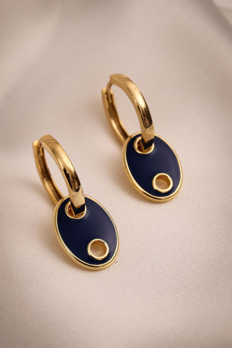 Düğme Model Lacivert Mineli Gold Renk Halka Küpe