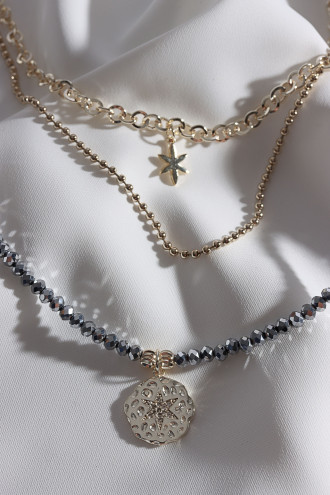 Gri Kristal Taşlı 3'Lü Gold Renk Kolye