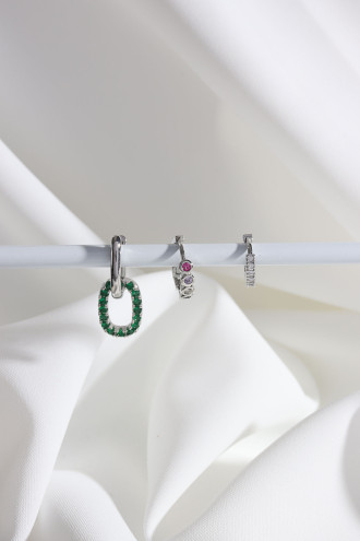 Vip Collectıon 3'Lü Yeşil Taşlı Gümüş Renk Halka Küpe