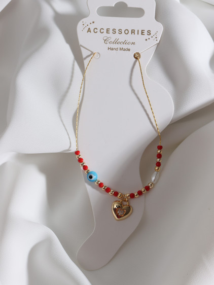 Boncuklu Zircon Taşlı Kalp Sallantılı Gold Renk Halhal