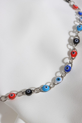 Renkli Damla Gözlü Gümüş Renk Kolye