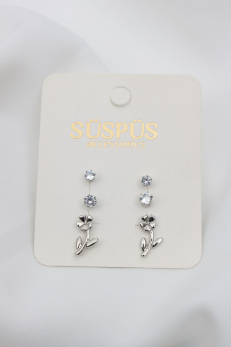 6'Lı Tek Taşlı Çiçek Figürlü Gümüş Renk Küpe