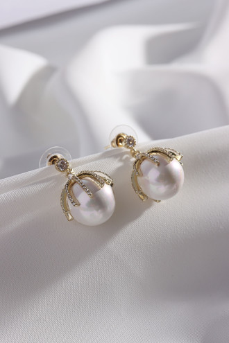 Zircon Taşlı Inci Gold Renk Küpe