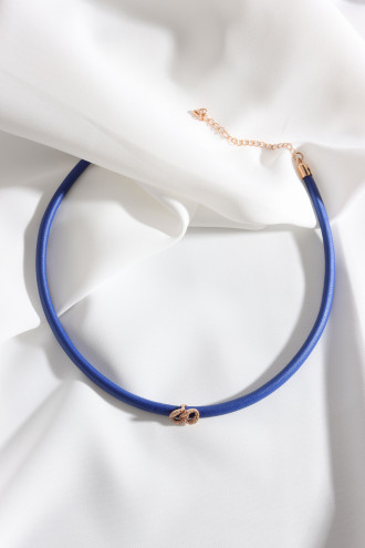Mavi Yumuşak Deri Gold Renk Zircon Taşlı Choker