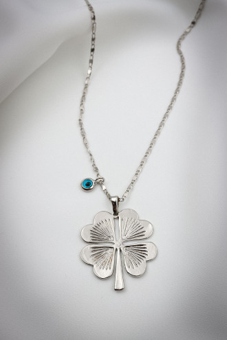 Nazar Boncuklu Uzun Gümüş Renk Yonca Kolye