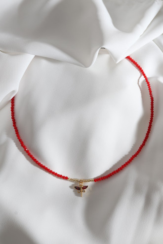 Kırmızı Boncuklu Yusufcuk Uç Gold Renk Kolye