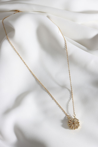 Çelik Yonca Kalp Mıknatıslı Açılıp Kapanabilir Gold Renk Kolye