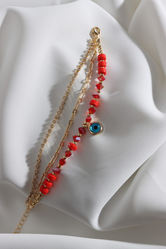3'Lü Gold Renk Su Yolu Detaylı Kırmızı Boncuklu Nazar Bileklik