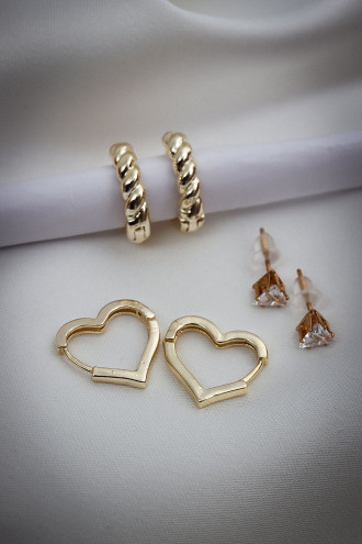 3'Lü Kalp Model Gold Renk Halka Küpe 3'Lü Kalp Model Gold Renk Halka Küpe