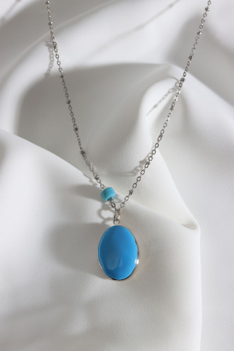 Mavi Mineli Kapaklı Çift Taraflı Kullanıma Uygun Oval Gümüş Renk Kolye