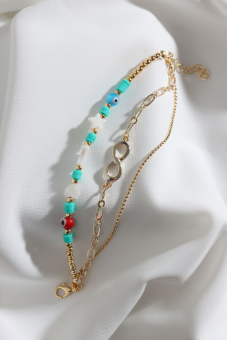 3'Lü Yeşil Fimo Boncuklu Sonsuzluk Aparatlı Gold Renk Bileklik