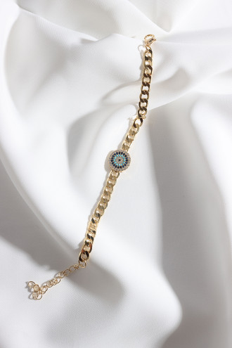 Zircon Taşlı Nazarlı Gold Renk Zincir Bileklik