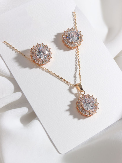 Baget Taşlı Yuvarlak Model Gold Renk Abiye Set
