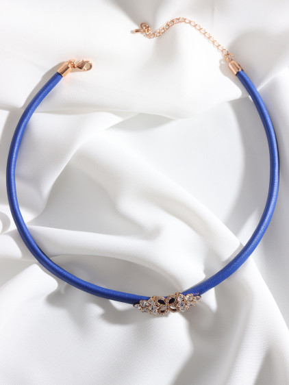 Mavi Yumuşak Deri Gold Renk Zircon Taşlı Choker