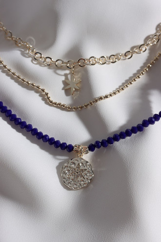 Lacivert Kristal Taşlı 3'Lü Gold Renk Kolye