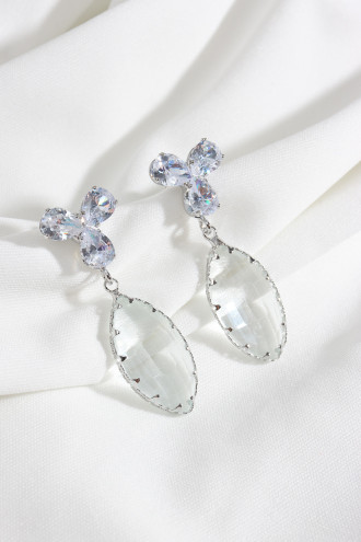 Gümüş Renk Badem Taşlı Kristal Abiye Küpe