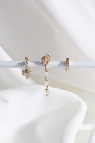 Vip Collectıon 3'Lü Baget Taşlı Gold Renk Halka Küpe