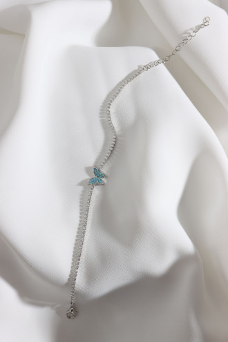 Turkuaz Taşlı Kelebek Figürlü Zircon Taş Gümüş Renk Suyolu Bileklik