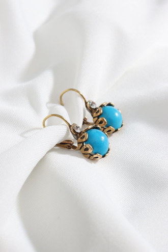 Yuvarlak Mavi Taşlı Mat Otantik Küpe