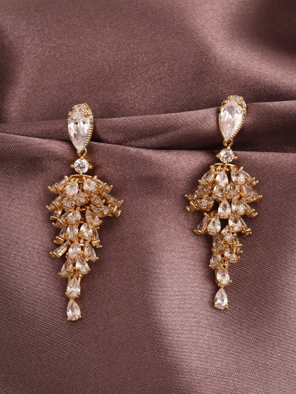 Gold Renk Zircon Taşlı Süzme Sallantılı Abiye Küpe