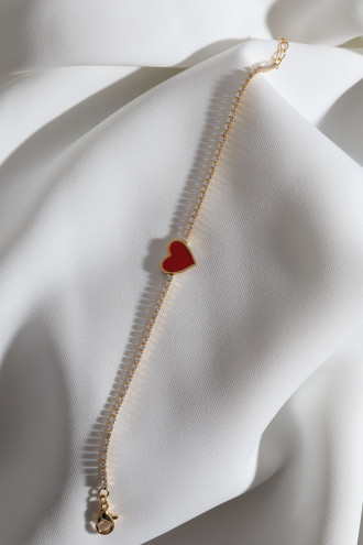 Kırmızı Mineli Kalp Figür Su Yolu Gold Renk Bileklik