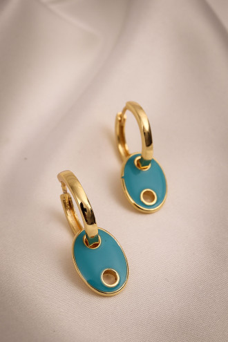 Düğme Model Mavi Mineli Gold Renk Halka Küpe