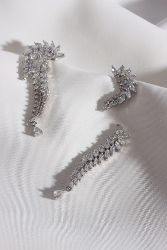 Gümüş Renk Kulak Arkası Sallantılı Zircon Taşlı Abiye Küpe