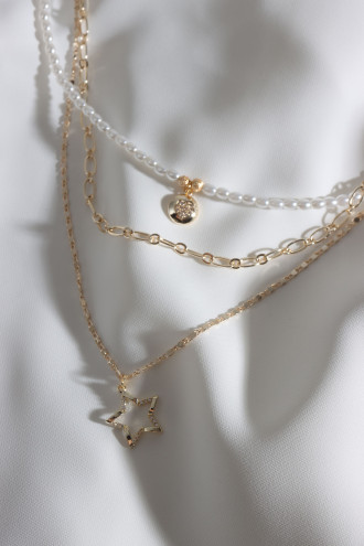 Küçük Boy İncili 2'Li Gold Renk Yıldız Uçlu  Kolye