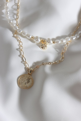 İncili 2'Li Gold Renk Madalyon Uçlu Kolye