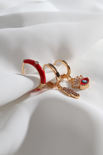 3'Lü Göz Figür Kırmızı Mineli Gold Renk Küpe