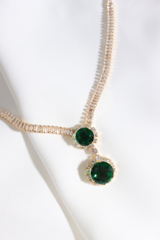 Yeşil Zircon Taşlı Abiye Vip Su Yolu Gold Renk Kolye