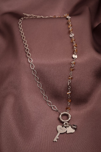 Bal Rengi Kristal Taşlı Gümüş Renk Kolye