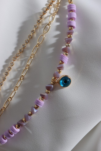 3'Lü Gold Renk Su Yolu Detaylı Mor Boncuklu Nazar Bileklik