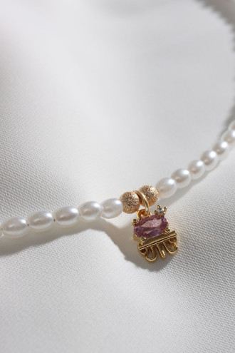 Pembe Zircon Taşlı Ahtapot Figür İnci Kolye